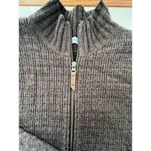 VTG EMS Full Zip Ribbed Knit Mock Neck Sweater Brown Heather Merino logo